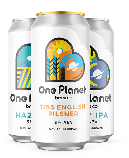 One Planet beer cans including 1765 English Pilsner
